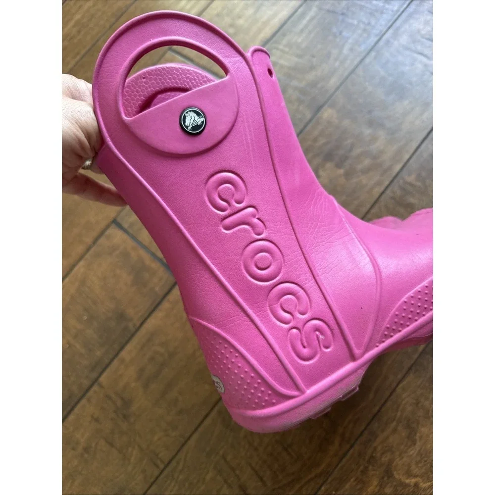 Crocs Youth Girls Handle It Rain Boots Pink Size J 1 Waterproof Pull-on